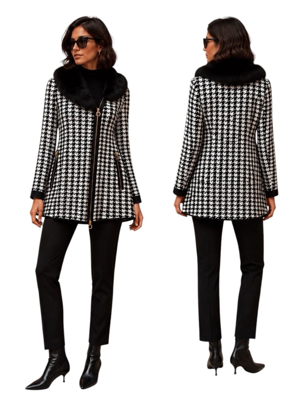 Belldini Black & White Houndstooth Sweater Coat Removable Faux Fur Collar Small